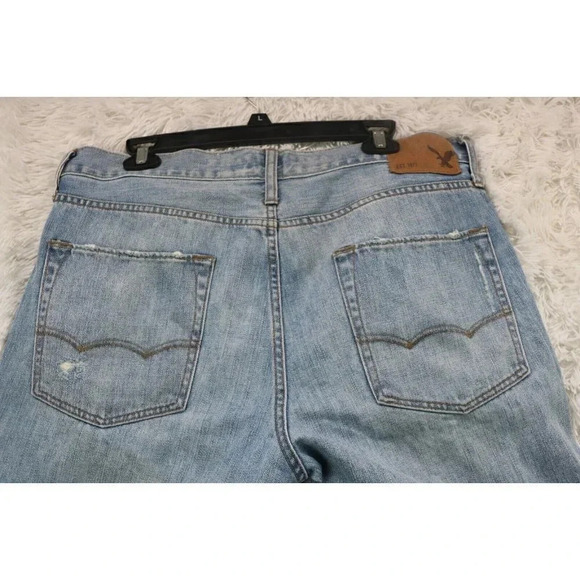 Men's American Eagle Blue Denim Jeans-Straight Slim-34 x 36-Distressed - Picture 8 of 10